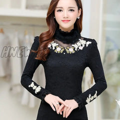Hnewly Autumn Winter Women Plus Velvet Thick Bottomed Shirt Female High Necked Lace Tops Long