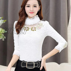 Hnewly Autumn Winter Women Plus Velvet Thick Bottomed Shirt Female High Necked Lace Tops Long