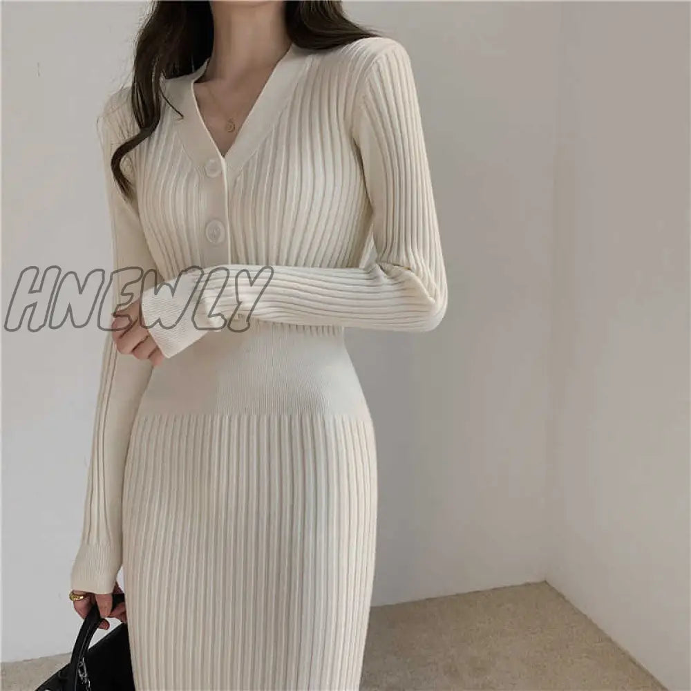 Hnewly Autumn Winter Women’s Woolen V - Neck Knitted Party Long Sleeve White Bodycon Casual Dress