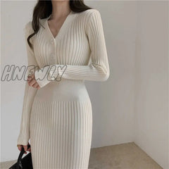 Hnewly Autumn Winter Women’s Woolen V - Neck Knitted Party Long Sleeve White Bodycon Casual Dress