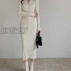 Hnewly Autumn Winter Women’s Woolen V - Neck Knitted Party Long Sleeve White Bodycon Casual Dress