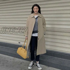 Hnewly Autumn Women Khaki Trench England Style Elegant Single Breasted Long Coats Belt Slim Turn