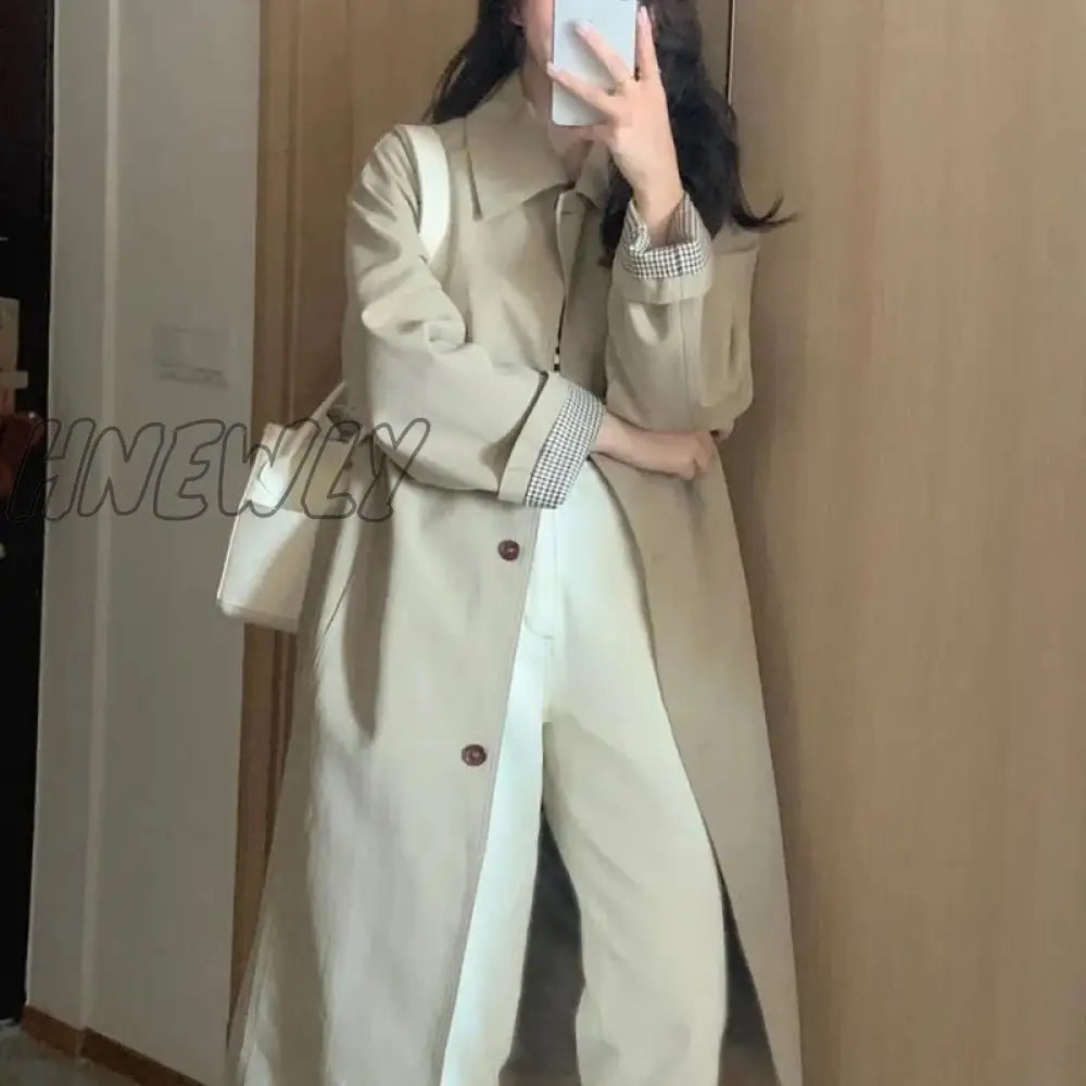 Hnewly Autumn Women Khaki Trench England Style Elegant Single Breasted Long Coats Belt Slim Turn