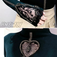 Hnewly Autumn Women Lace Patchwork Hollow Long Sleeve Pullovers Top Winter Thick Warm Fleece