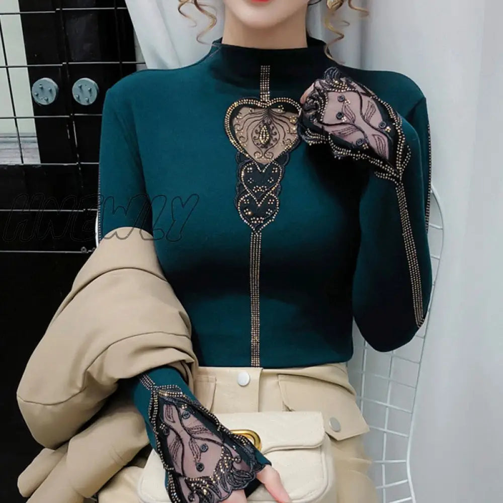 Hnewly Autumn Women Lace Patchwork Hollow Long Sleeve Pullovers Top Winter Thick Warm Fleece