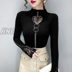 Hnewly Autumn Women Lace Patchwork Hollow Long Sleeve Pullovers Top Winter Thick Warm Fleece