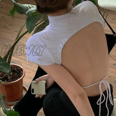 Hnewly Backless Bandage High Neck Solid T-Shirt Woman’s Simplicity Slim Crop Top Woman Fashion