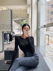 Hnewly Basic Cotton Summer T Shirt Women Long Sleeves Tee High Elasticity Breathable Sexy Thin