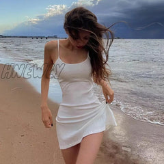 Hnewly Basic Dress For Women White Spaghetti Strap Sleeveless A Line Mini Dresses Y2K Clothes 2000S