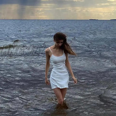 Hnewly Basic Dress For Women White Spaghetti Strap Sleeveless A Line Mini Dresses Y2K Clothes 2000S