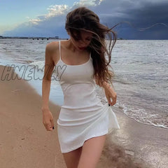 Hnewly Basic Dress For Women White Spaghetti Strap Sleeveless A Line Mini Dresses Y2K Clothes 2000S