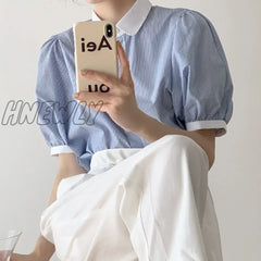 Hnewly Basic Vintage Striped Shirts Women New Summer Puff Sleeve Preppy Style Simple Loose