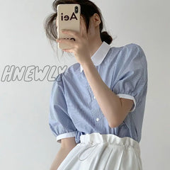 Hnewly Basic Vintage Striped Shirts Women New Summer Puff Sleeve Preppy Style Simple Loose