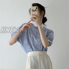 Hnewly Basic Vintage Striped Shirts Women New Summer Puff Sleeve Preppy Style Simple Loose