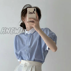 Hnewly Basic Vintage Striped Shirts Women New Summer Puff Sleeve Preppy Style Simple Loose
