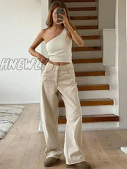Hnewly Beige Jeans Baggy Women Casual Denim Trousers Vintage High Waist Wide Leg Pants Classic