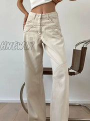 Hnewly Beige Jeans Baggy Women Casual Denim Trousers Vintage High Waist Wide Leg Pants Classic