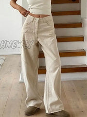 Hnewly Beige Jeans Baggy Women Casual Denim Trousers Vintage High Waist Wide Leg Pants Classic