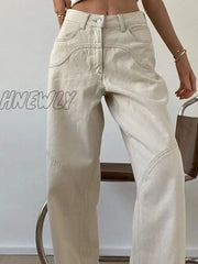 Hnewly Beige Jeans Baggy Women Casual Denim Trousers Vintage High Waist Wide Leg Pants Classic