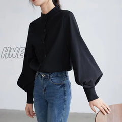 Hnewly Big Lantern Sleeve Blouse Women Autumn Winter Single Breasted Stand Collar Shirts Office