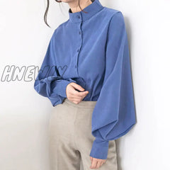 Hnewly Big Lantern Sleeve Blouse Women Autumn Winter Single Breasted Stand Collar Shirts Office