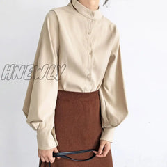 Hnewly Big Lantern Sleeve Blouse Women Autumn Winter Single Breasted Stand Collar Shirts Office