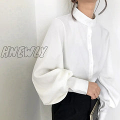 Hnewly Big Lantern Sleeve Blouse Women Autumn Winter Single Breasted Stand Collar Shirts Office