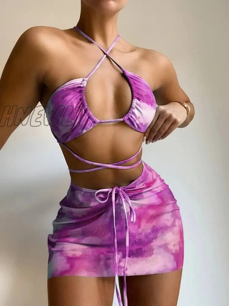 Hnewly Bikini Pink Print Swimwear Women Skirts 3 Pieces Set Halter String Swimsuit Sexy Bathing
