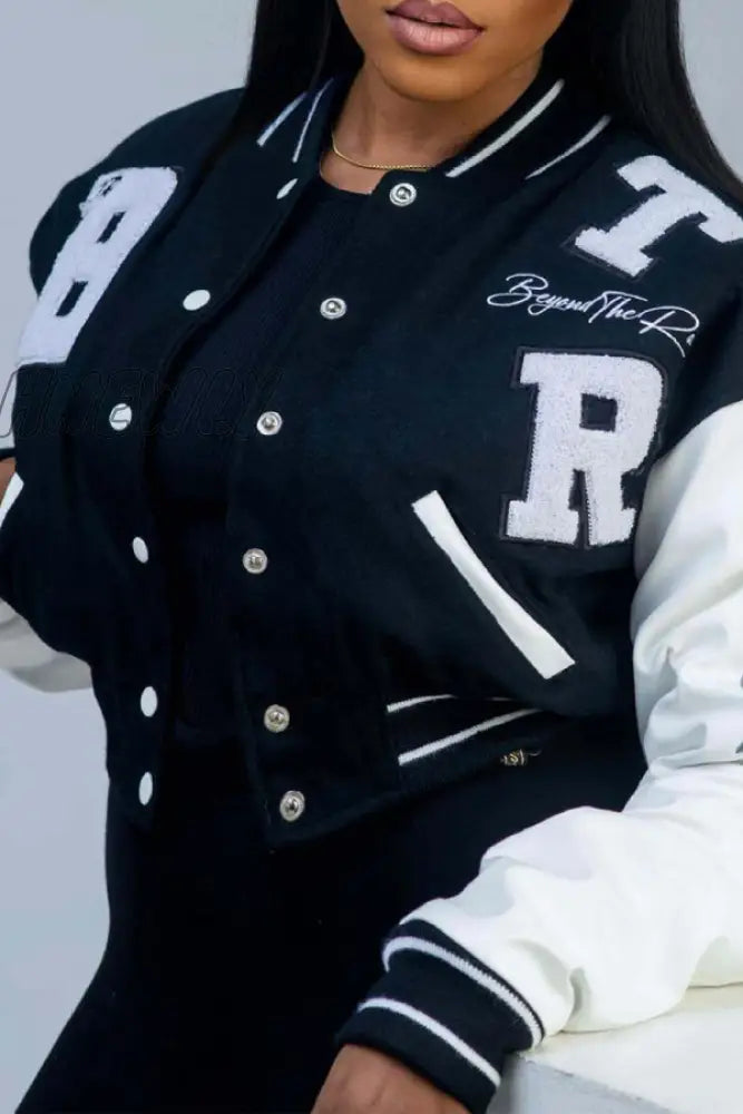 Hnewly - Black Casual Letter Patchwork Pocket Buckle O Neck Outerwear Coats Blazer & Jacket