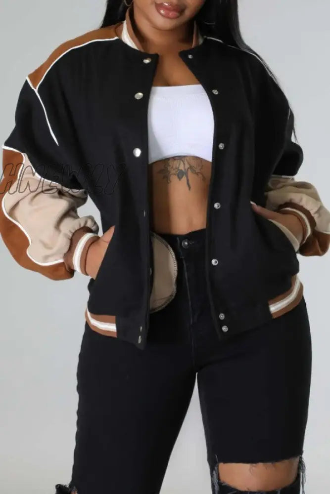 Hnewly - Black Casual Patchwork Contrast Outerwear Coats