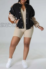 Hnewly - Black Casual Patchwork Contrast Outerwear Coats