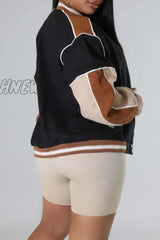Hnewly - Black Casual Patchwork Contrast Outerwear Coats