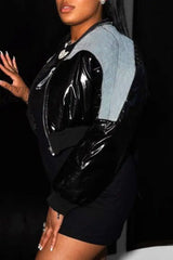 Hnewly - Black Casual Patchwork Contrast Zipper Collar Outerwear Coats