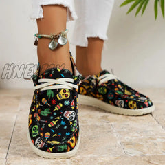 Hnewly - Black Casual Patchwork Printing Round Comfortable Shoes Shoes Sneakers