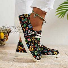 Hnewly - Black Casual Patchwork Printing Round Comfortable Shoes Shoes Sneakers