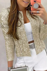 Hnewly - Black Casual Patchwork Sequins Cardigan O Neck Outerwear Coats