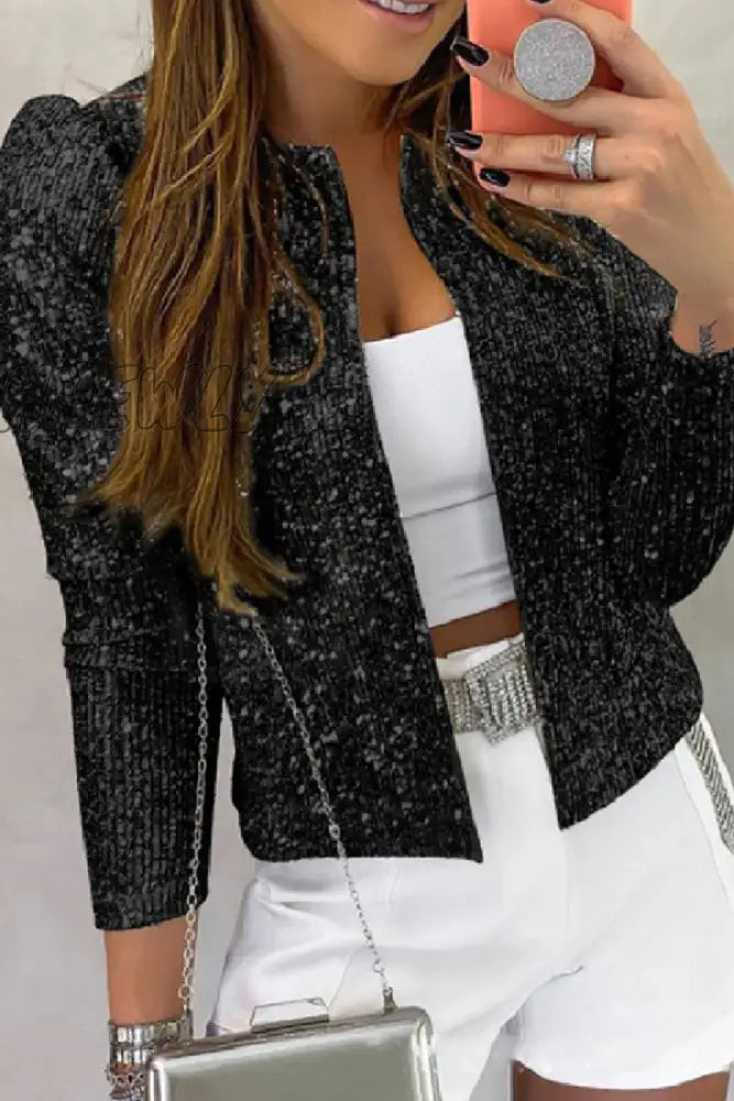 Hnewly - Black Casual Patchwork Sequins Cardigan O Neck Outerwear Coats