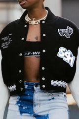 Hnewly - Black Casual Print Patchwork Outerwear Coats