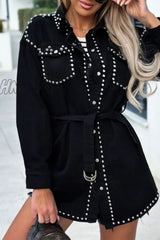 Hnewly - Black Casual Punk Solid Rivets Turndown Collar Long Sleeve Loose Denim Jacket Coats Blazer