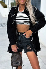 Hnewly - Black Casual Punk Solid Rivets Turndown Collar Long Sleeve Loose Denim Jacket Coats Blazer