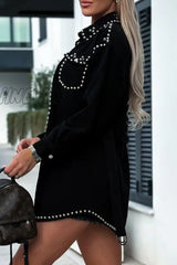 Hnewly - Black Casual Punk Solid Rivets Turndown Collar Long Sleeve Loose Denim Jacket Coats Blazer