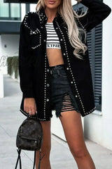 Hnewly - Black Casual Punk Solid Rivets Turndown Collar Long Sleeve Loose Denim Jacket Coats Blazer