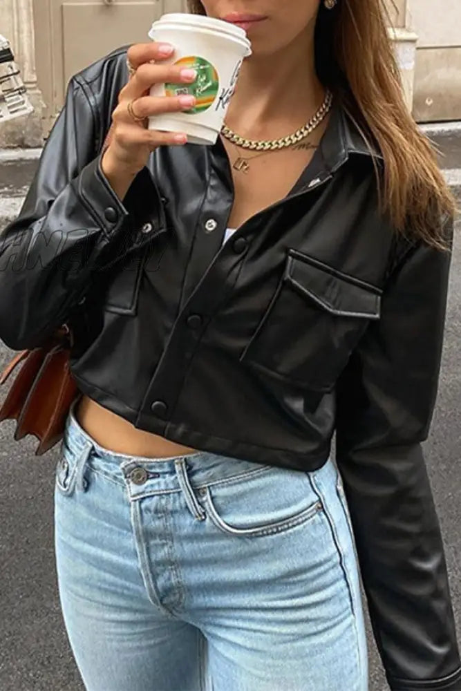 Hnewly - Black Casual Solid Buttons Turndown Collar Outerwear Coats Blazer & Jacket