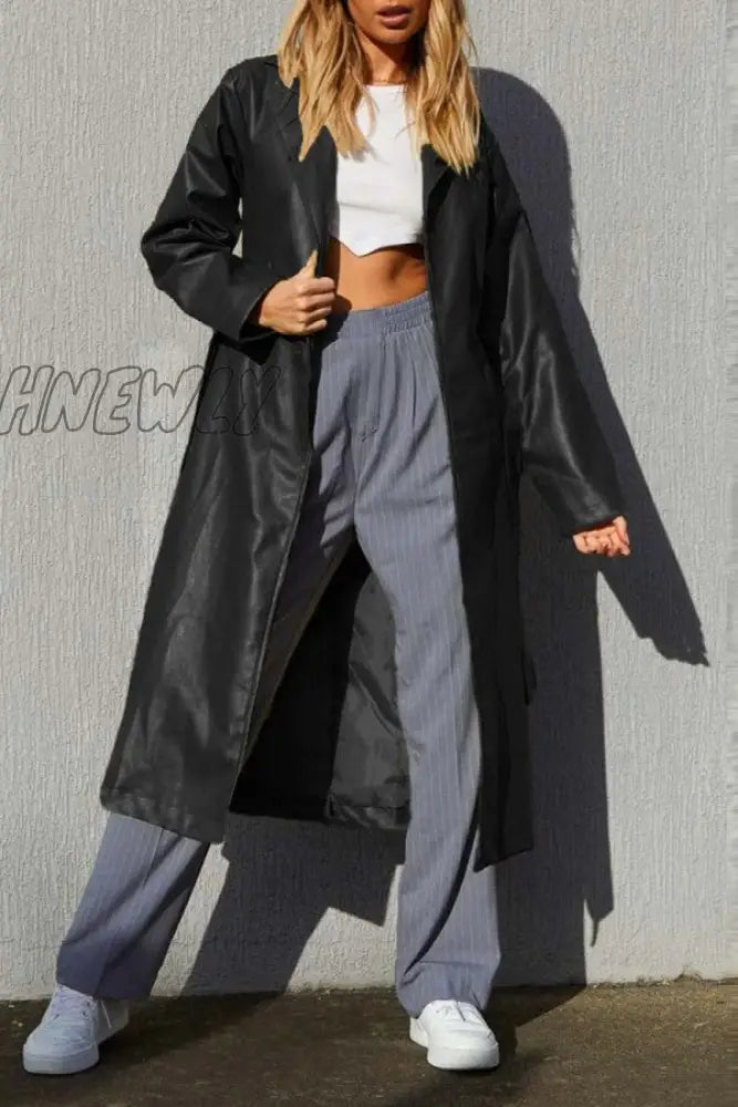 Hnewly - Black Casual Solid Cardigan Turndown Collar Outerwear Coats