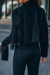 Hnewly - Black Casual Solid Tassel Turndown Collar Outerwear Coats Blazer & Jacket