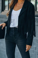Hnewly - Black Casual Solid Tassel Turndown Collar Outerwear Coats Blazer & Jacket