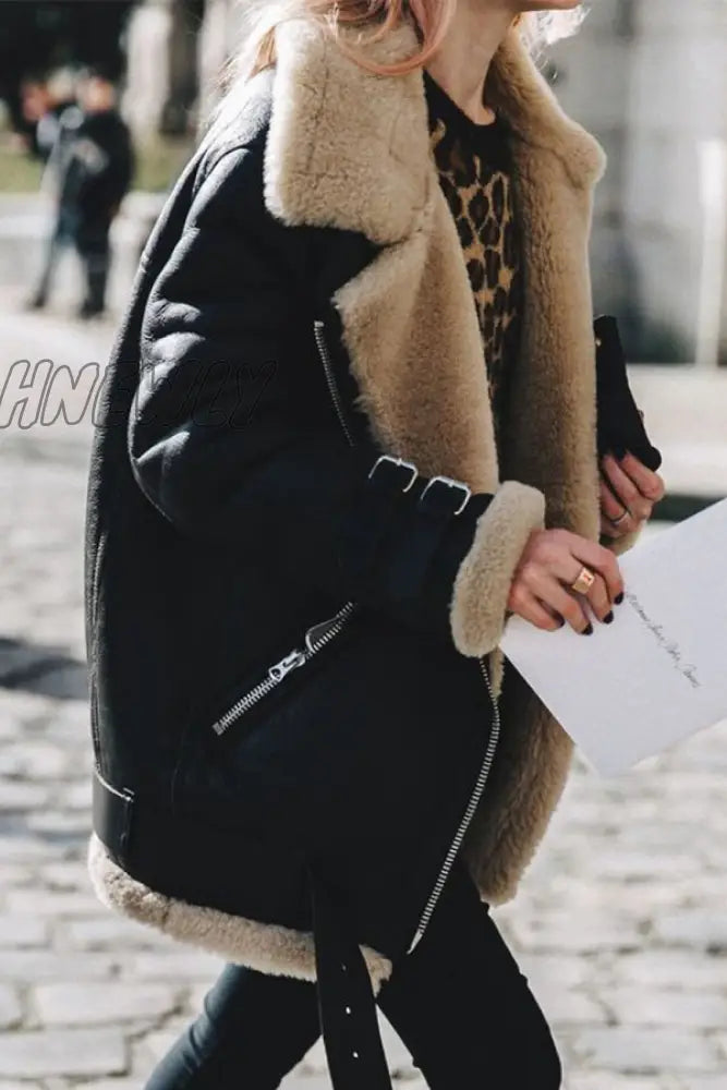 Hnewly - Black Casual Street Solid Patchwork Turndown Collar Outerwear Coats Blazer & Jacket