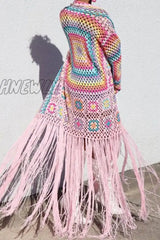 Hnewly - Black Casual Tassel Bandage Hollowed Out Patchwork Cardigan Collar Outerwear Coats
