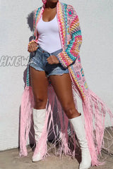 Hnewly - Black Casual Tassel Bandage Hollowed Out Patchwork Cardigan Collar Outerwear Coats