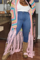 Hnewly - Black Casual Tassel Bandage Hollowed Out Patchwork Cardigan Collar Outerwear Coats